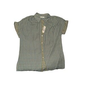 Max Studio XS Green Geometric Tile Print Short Sleeve Button Up Blouse NWT